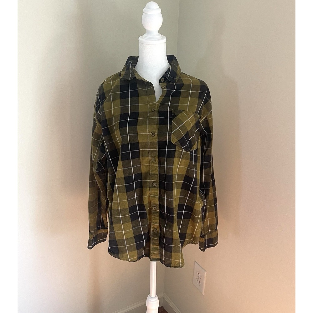 Garnet Hill Essential Boyfriend Button Down Shirt Size 4 Green Plaid Back Pleat